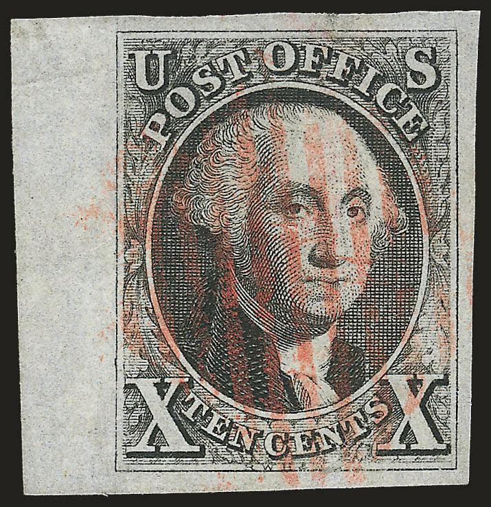 10c Black (2).> Large margins all around incl. <sheet margin> at left, crisp impression, red New York square grid cancel, tiny thin spot at top, faint vertical crease, appears Extremely Fine