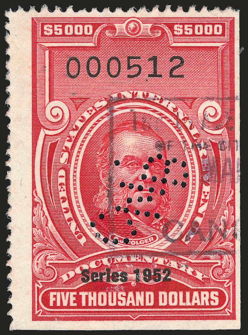 $5,000.00 Carmine, Series of 1952 (R618).> Neat handstamp and perfin cancels, Fine