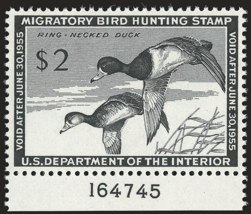 $2.00 1954 Hunting Permit (RW21).> Mint N.H. with bottom <plate no. 164745> selvage, exceptionally well-centered, fresh, Extremely Fine Gem, with 2007 P.S.E. certificate (XF-Superb 95 SMQ $215.00)