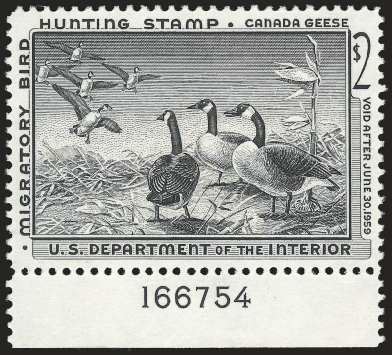 $2.00 1958 Hunting Permit (RW25).> Mint N.H. with bottom <plate no. 166754> selvage, perfectly centered, sharp impression, Extremely Fine Gem, with 2007 P.S.E. certificate (Superb 98 SMQ $500.00)