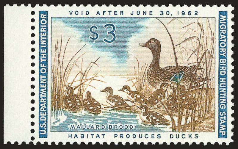 $3.00 1961 Hunting Permit (RW28).> Mint N.H. with left selvage, perfectly balanced margins, bright and crisp, Extremely Fine Gem, with 2007 P.S.E. certificate (Superb 98 SMQ $400.00)