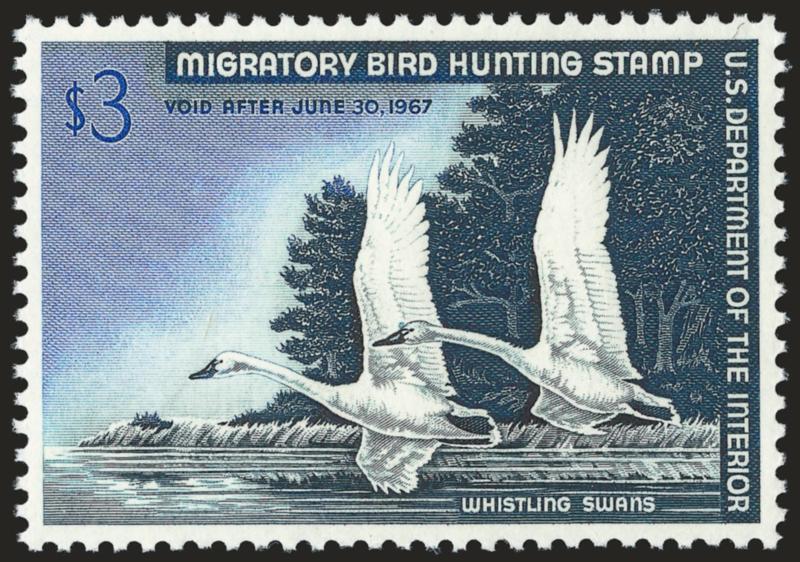 $3.00 1966 Hunting Permit (RW33).> Mint N.H., perfectly centered, wonderfully fresh and bright, Extremely Fine Gem, with 2007 P.S.E. certificate (Superb 98 SMQ $410.00)
