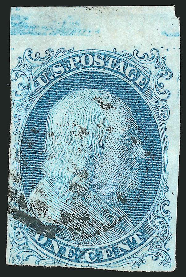 1c Blue, Ty. Ib (5A).> Position 6R1E, large top sheet margin, large margin at right, just touching at upper left and slightly in at bottom, wonderful bright early shade and proof-like impression, grid cancel,
tiny pinpoint punctures at bottom right<