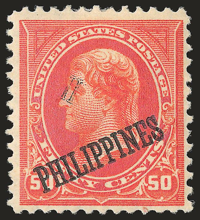 1899, 50c Orange (219).> Original gum, h.r., intense color, unusual partial second impression or offset of overprint above normal overprint and at different angle, fresh and Fine, a perplexing item, purple
backstamp, Scott Retail as normal