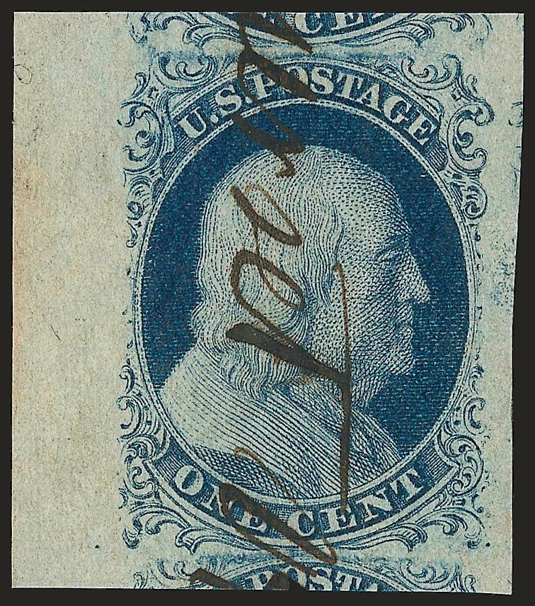 1c Blue, Ty. II (7).> Plate 2, enormous margins all around including portions of adjoining stamps above and below and <large sheet margin at eft,> cancelled by bold ms. town postmark, deep rich
color<><>^EXTREMELY FINE. A SPECTACULAR 1851 ONE-CENT