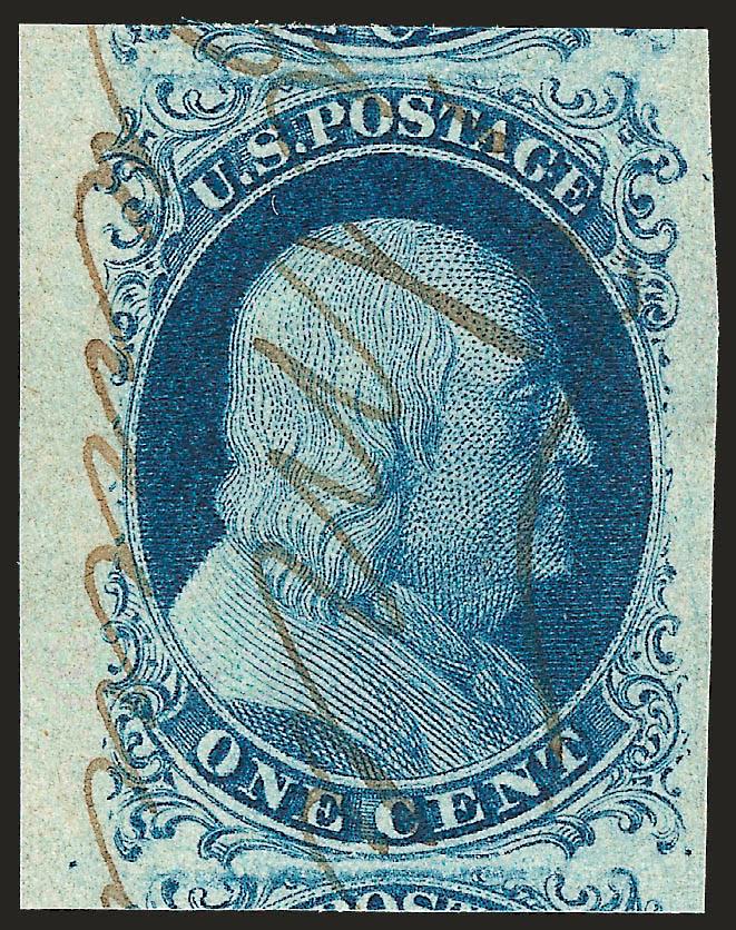 1c Blue, Ty. II (7).> Position 81R2, enormous margins all around including portions of adjoining stamps above and below and <sheet margin at left,> magnificent intense color and clear impression, cancelled by
ms. town postmark<><>^EXTREMELY FINE GE
