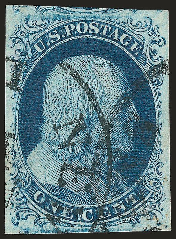 1c Blue, Ty. II (7).> Position 23L2, large margins all around, remarkably dark shade, neat circular datestamp, Extremely Fine, with 2007 P.S.E. certificate (XF 90 SMQ $650.00)