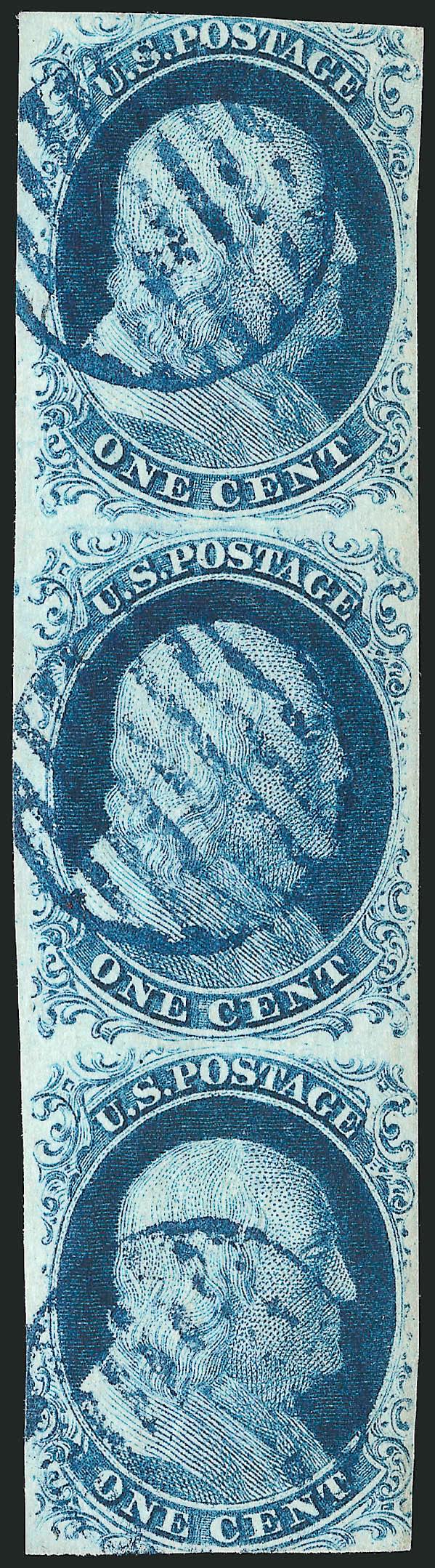 1c Blue, Ty. II (7).> Positions 8090100R1E, vertical strip of three, large margins to just in, rich color, <blue grid> cancels, bottom stamp natural pre-printing paperfold, Fine-Very Fine, scarce Plate 1E
multiple with 2002 P.S.E. certificate