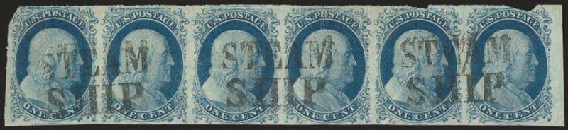1c Blue, Ty. II (7).> Horizontal strip of six from Plate 2, large margins to slightly in, three strikes of New York <SteamShip> two-line handstamp, vertical crease and tear in fourth stamp from left, small
faults along top, still Fine appearing an