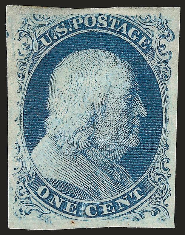 1c Blue, Ty. III (8).> Plate 4, unused (regummed), unusually large margins all around, minute scuffs on the forehead (barely visible even under magnification) and tiny rust speck at bottom, otherwise Extremely
Fine, a most presentable example of this