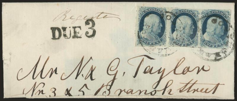1c Blue, Ty. III, Position 99R2 (8).> Horizontal strip of three, Positions 98-100R2, comprising Type II (98R), Type III (99R) and the transitional Type IIIIIA (100R) with minute break in the outer line at
bottom, the center stamp -- Position 99R2 --