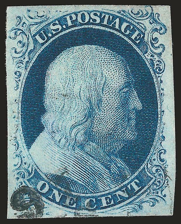 1c Blue, Ty. IIIa (8A).> Large even margins, deep rich color, face-free cancel struck heavily and splitting paper, small thin spot at right, appears Very Fine