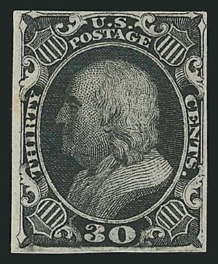 30c Black, Trial Color Plate Proof on Wove (38TC5).> Large margins to just in, unusually deep shade, tiny corner crease at bottom left, appears Fine