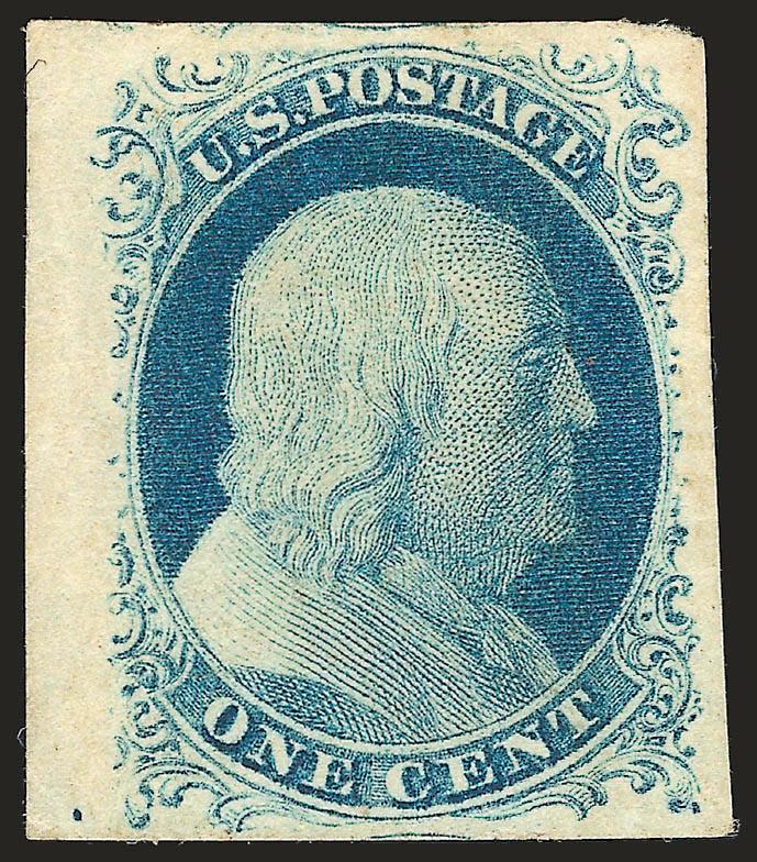 1c Blue, Ty. IV (9).> Original gum, large margins incl. trace of adjoining stamps at top and bottom and <sheet margin> at left, bright color in an unusual shade for Plate 1 Late (probably one of the early
printings from the reworked plate)<><>^EXTR