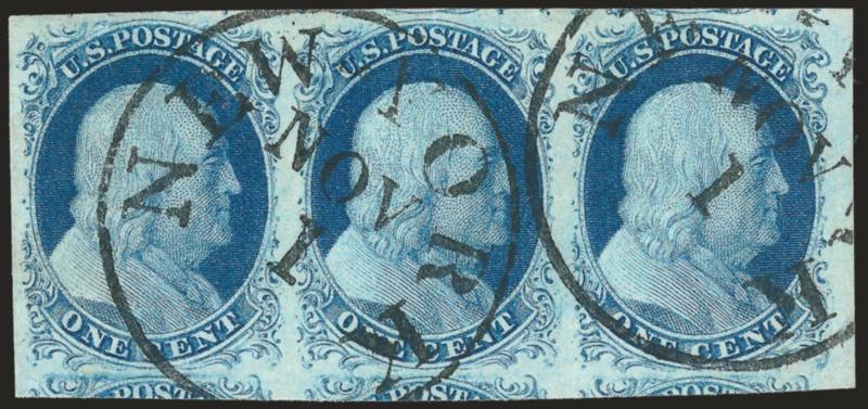 1c Blue, Ty. IV (9).> Horizontal strip of three, large to huge margins incl. part of six adjoining stamps at top and bottom and <sheet margin> at right, brilliant color and impression which is most unusual for
Plate 1 Late printings, perfectly-struck