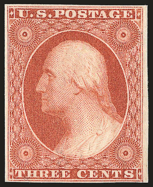3c Orange Brown, Ty. II (10A).> Original gum, large to ample margins, brilliant color on bright paper, faint vertical crease in margin at top right could be trimmed to leave a full margin<><>^VERY FINE APPEARING
ORIGINAL-GUM EXAMPLE OF THE 1851 IMP