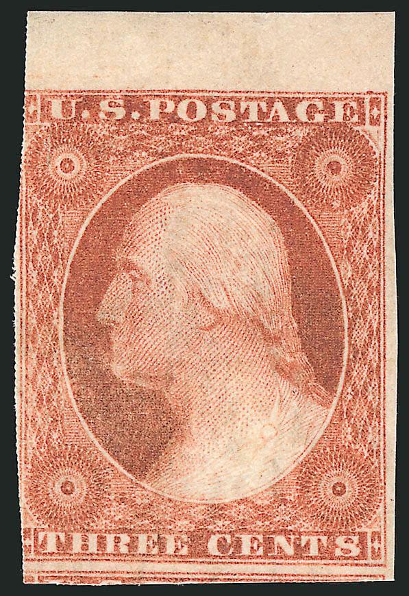 3c Orange Brown, Ty. II (10A).> Position 6L2E with recut inner lines, original gum, lightly hinged, large margins to just in at top left incl. part of adjoining stamp at bottom, bright color with some slight
oxidation, small vertical scrape at top le