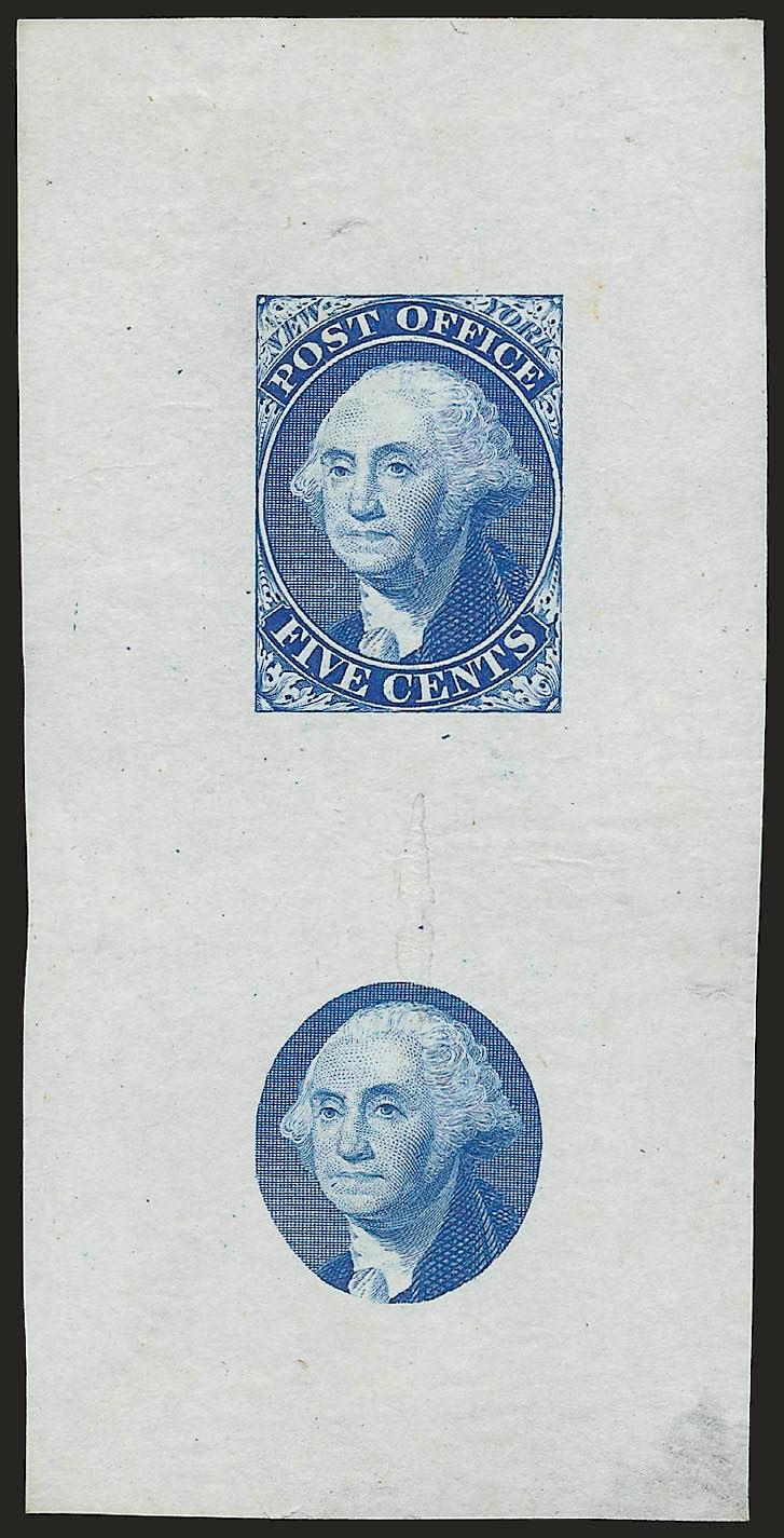 New York N.Y., 5c Ultramarine, Large Die Essay with Vignette on India (9X1-E1a).> 49 x 101mm, couple small India paper faults, otherwise Extremely Fine
