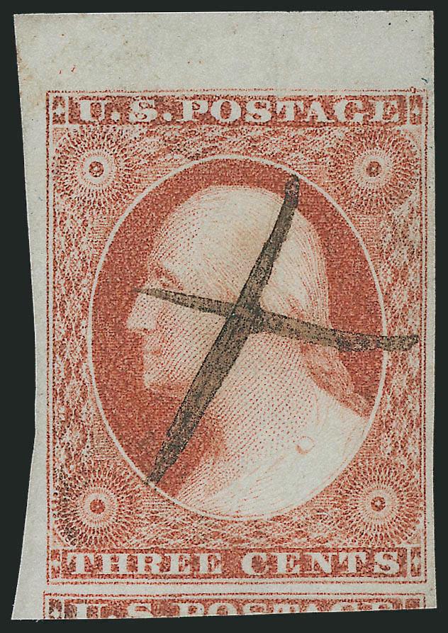 3c Experimental Orange Brown, Ty. II (11A var).> Position 1L1L, large to huge margins incl. part of adjoining stamp at bottom and <sheet margin> at top and partial sheet margin at left, brilliant color, ms. X
cancel, Extremely Fine example of this