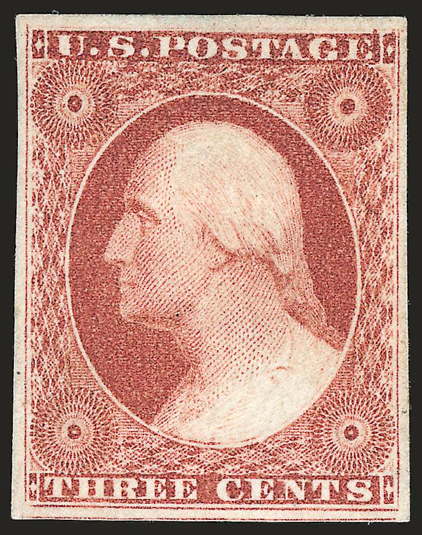 3c Brownish Carmine, Ty. I (11 var).> Original gum, brilliant color, large margins incl. part of adjoining stamp at bottom, fresh and Extremely Fine, with 1985 P.F. certificate as No. 11 prior to 2008 Scott
reclassification