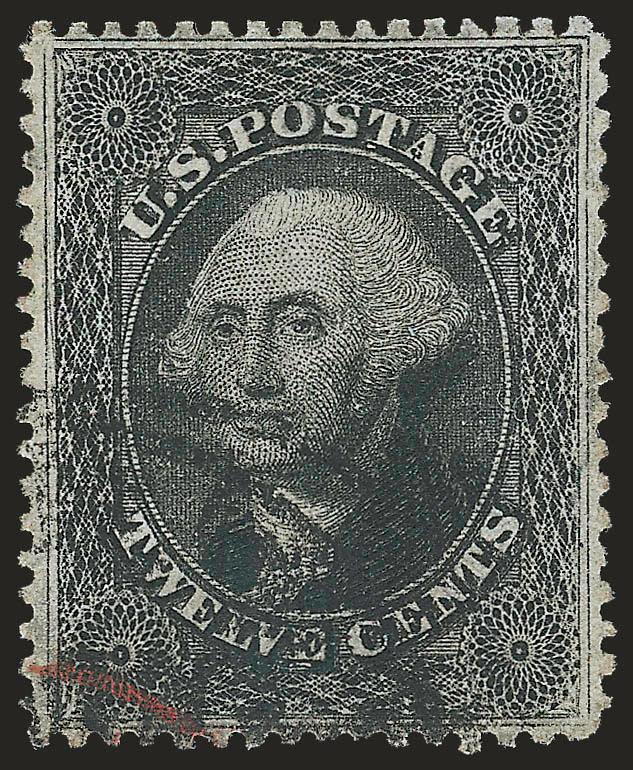 12c Black, Plate 3 (36b).> Essentially perfectly centered with margins clear of the design on all sides, black town circular datestamp and trace of a red one also, Extremely Fine Gem, with 2006 P.F. and 2007
P.S.E. certificates (XF-Superb 95 SMQ $1,
