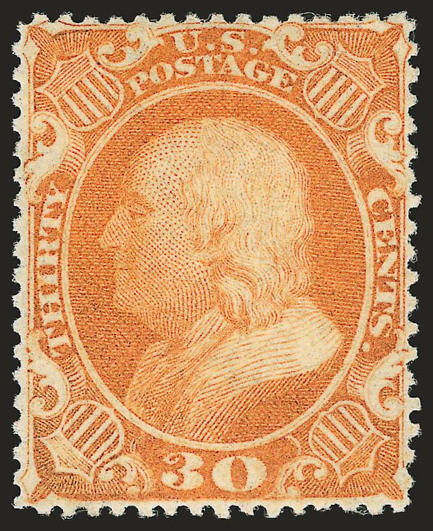 30c Orange (38).> Original gum, barest trace of hinging, perfectly centered, radiant color and proof-like impression<><>^EXTREMELY FINE GEM. A SUPERB ORIGINAL-GUM EXAMPLE OF THE 30-CENT 1857 ISSUE.^<><>Although
some sheets of the 24c, 30c and 90c