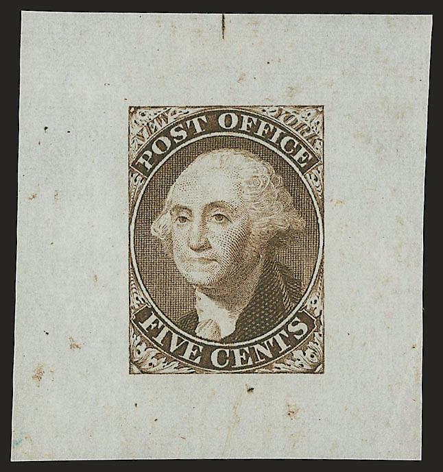 New York N.Y., 5c Washington Small Die Trial Color Proofs on Bond Paper (9X1TC2).> Three different colors, Blue, Brown and Green, 43 x 44mm and larger, some very minor toning specks, otherwise Extremely
Fine