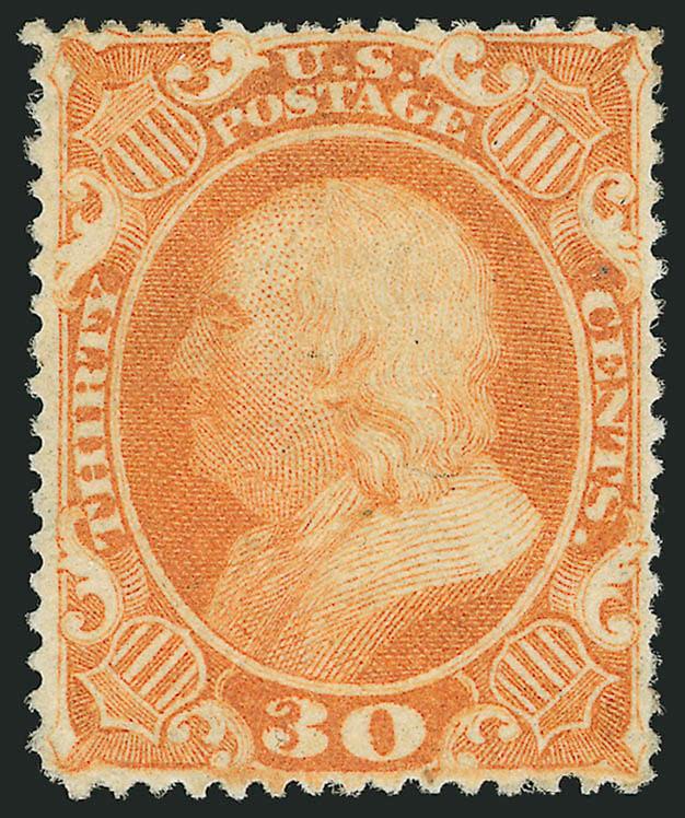 30c Orange (38).> Original gum, lightly hinged, radiant color, wide margins at sides and beautifully centered<><>^EXTREMELY FINE ORIGINAL-GUM EXAMPLE OF THE 30-CENT 1860 ISSUE.^<><>Ex Vineyard. With 1986 and
2002 P.F. certificates