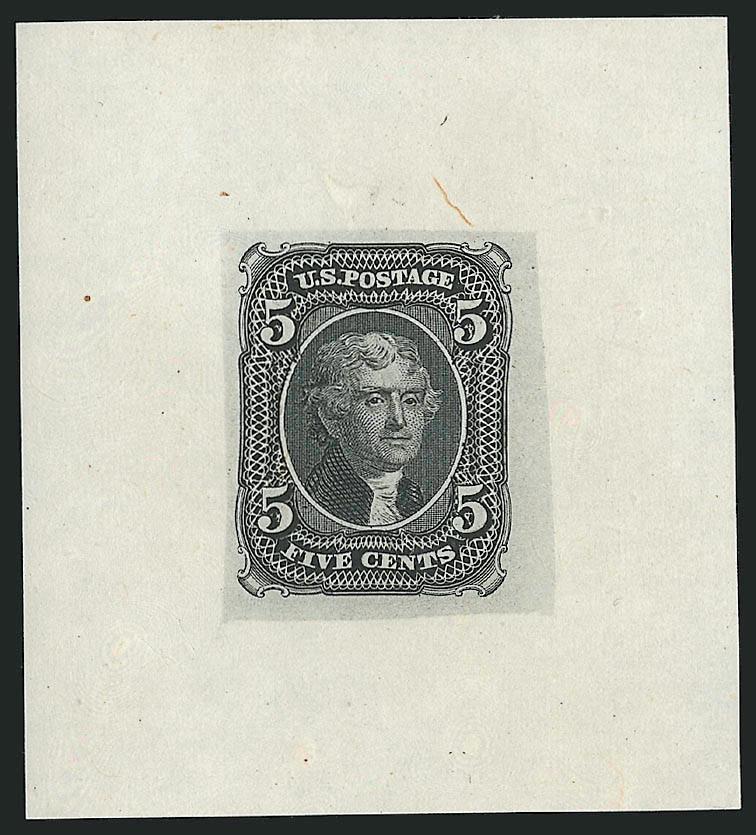 Toppan, Carpenter & Co., 5c Jefferson, Schernikow Die II Essays (67-E4f, 67-E4g, 67-E4h, 67-E4k, 67-E4l).> Three of first three, range of colors, fresh and Very Fine