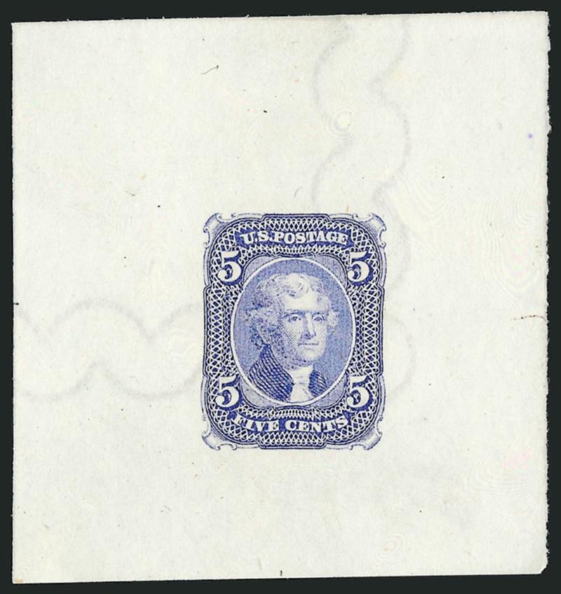 Toppan, Carpenter & Co., 5c Jefferson, Schernikow Die II Essays on Wmk. Paper (67-E4i three, 67-E4j two).> Approximately 58 x 60mm, range of colors with no duplication, Very Fine