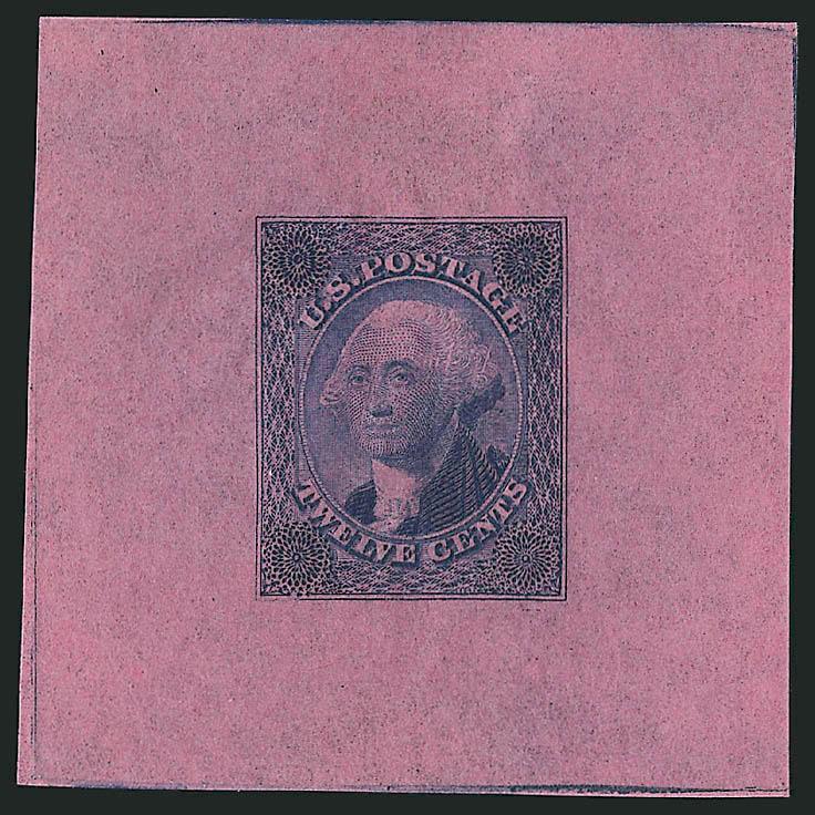 Toppan, Carpenter & Co., 12c Blue, Schernikow Die I Essay on Thin Pink Wove (69-E3p).> 50 x 50mm, deep rich color, Very Fine and choice example of this scarce essay