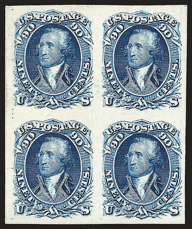 1c-90c 1861-66 Issue, Plate Proofs on India or Card (63P378P4).> Blocks of four, nine denominations, incl. two 15c on India (one with part imprint), two 30c on card, large margins, fresh and Very Fine
group