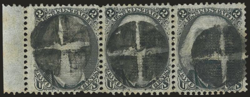 2c Black, F. Grill, Very Thin Paper (93 var).> Horizontal strip of three with left sheet selvage, extraordinarily choice centering, each stamp with bold quartered cork cancel, Extremely Fine, probably the finest
multiple of this 2c F. Grill Thin Pape