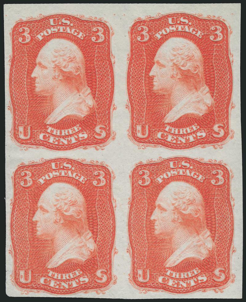 3c Scarlet, First Design, Plate Essay on India (65-E15f).> Block of four, large margins, brilliant color, Very Fine and choice, with 2006 P.F. certificate