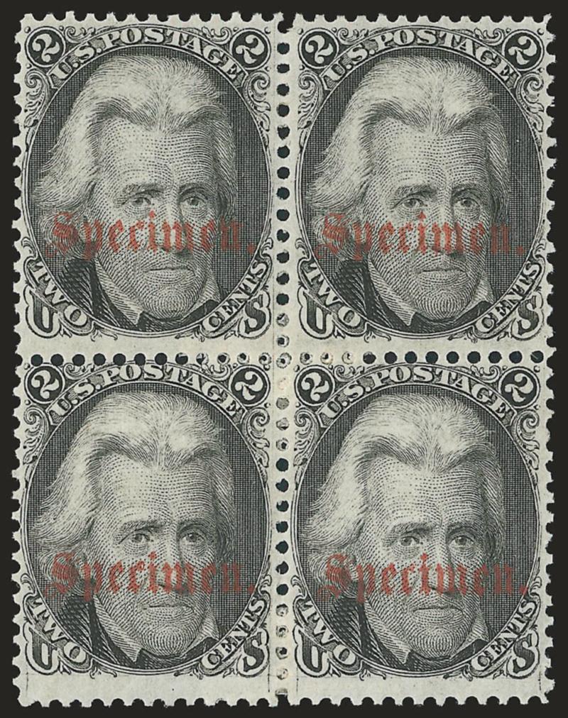 2c Black, Specimen Overprint Ty. B (73SB).> Block of four, original gum, nicely centered for this Specimen, Fine, attractive and very scarce