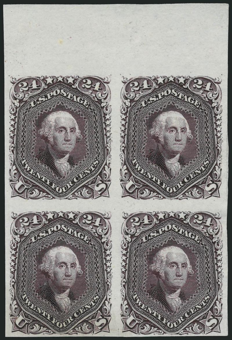 24c 1861-66 Issue, Die and Plate Proofs (78P2, 78P3, 78P4).> Blocks of four of last two incl. first with sheet margin at top, first affixed to original gray card, Very Fine, each with 2003 P.F.
certificate