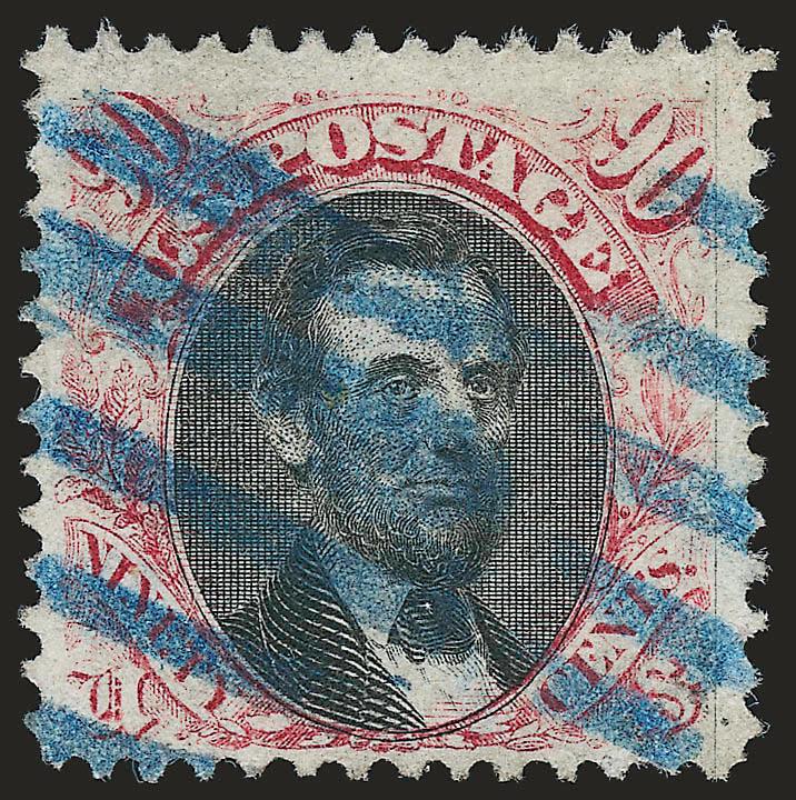 90c Carmine & Black (122).> Radiant colors nicely complemented by <blue grid> cancel, wide margins<><>^VERY FINE. A RARE EXAMPLE OF THE 90-CENT 1869 PICTORIAL ISSUE WITH A BLUE COLORED CANCEL.^<><>As an
indication of rarity, we have only sold fiv