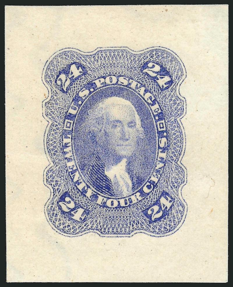 24c 1861-66 Issue Essays.> Six, incl. horizontal pair of Lowenberg Decalcomania, pair on Francis Patent paper, 70-E4a cut to shape, 70-E4h, 70-E4k in Ultramarine, few small faults, overall Fine-Very Fine, each
with P.F. certificate