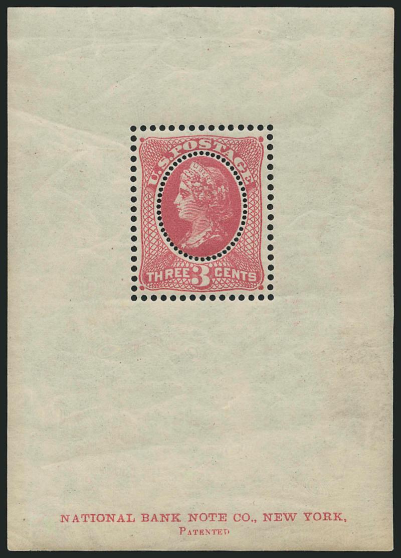National Bank Note Co., 3c Liberty, Die Essay on Wove Stamp Paper, Perf 12 Outside, Perf 16 in Oval (79-E30n).> Ten different colors, original gum, h.r., usual trivial imperfections associated with this fragile
paper, appear Very Fine