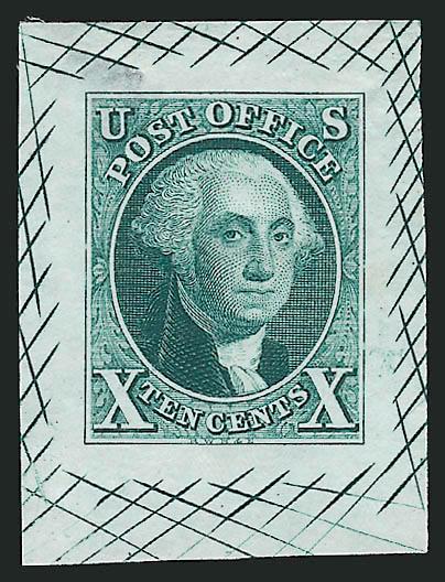 10c Blue Green, Large Die Trial Color Proof on India (2TC1).> 27 x 35mm with cross-hatching, bright color, thin spot at top, otherwise Fine