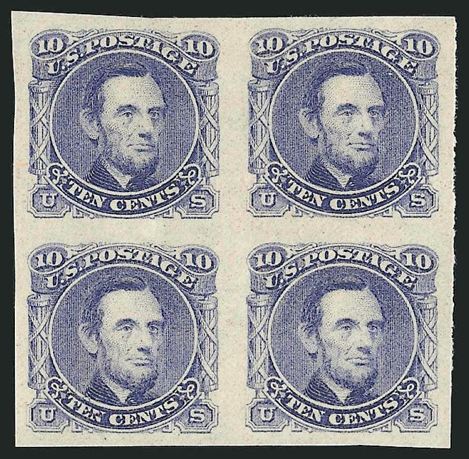 5c Washington, 10c Lincoln, Small Lettering, Plate Essay on Wove, Imperforate (115-E2c, 116-E1k).> Blocks of four of each, Dull Red Violet and Dark Ultramarine respectively, original gum, large margins, Very
Fine