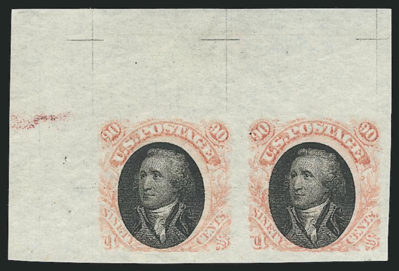 90c Washington, Plate Essays on Stamp Paper (122-E2b).> Top left corner margin horizontal pair and two singles, pair and one single in Pale Orange Red, other single in Red Brown, large margins, Extremely Fine
group