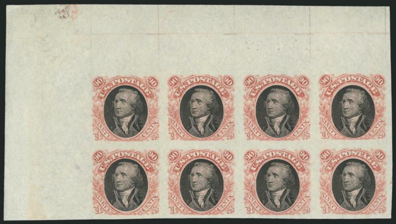 90c Washington, Orange Red & Black Plate Essay on Stamp Paper (122-E2b).> Top left corner margin block of eight, rich color, fresh and Very Fine, attractive multiple, Scott Retail as singles