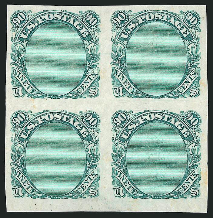 90c Frame Only, Plate Essay on Stamp Paper (122-E3).> Block of four in Blue Green, large margins, rich color, few trivial toned spots, otherwise Very Fine, Scott Retail as singles