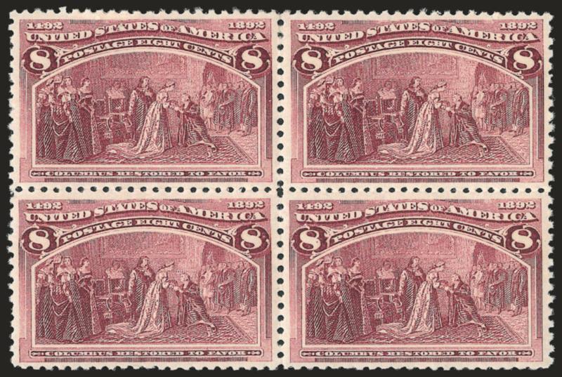 8c Columbian (236).> Block of four, original gum, top pair lightly hinged, bottom pair Mint N.H., wonderfully well-centered, Extremely Fine, with 2007 P.S.E. certificate