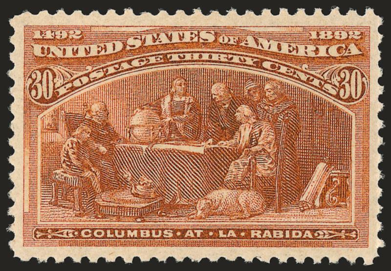 30c Columbian (239).> Mint N.H., choice balanced margins, pristine color and impression<><>^EXTREMELY FINE GEM. A SUPERB MINT NEVER-HINGED EXAMPLE OF THE 30-CENT COLUMBIAN ISSUE. THIS PHENOMENAL STAMP HAS BEEN
AWARDED THE GRADE OF XF-SUPERB 95 BY P
