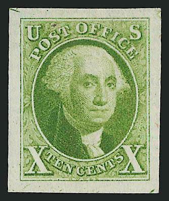 10c Yellow Green, Large Die Trial Color Proof on Laid Bond (2TC2 var).> Large margins, radiant color, clear laid lines, Very Fine and choice, unlisted in Scott
