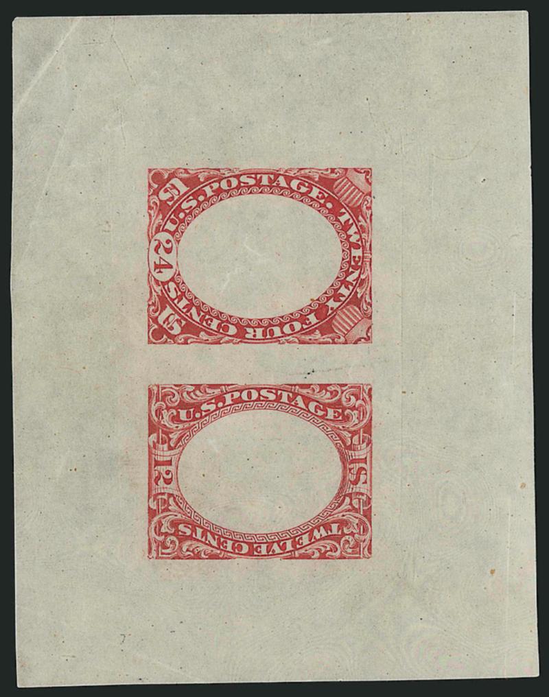 Philadelphia Bank Note Co., 12c + 24c, Frame Only, Die Essays on Proof Paper, Printed Thru Mat (188a-E1b).> Nine, mostly different colors, few hinge translucencies or minor paper flaws, appear Fine-Very
Fine