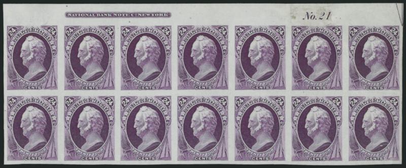24c Purple, Plate Proof on India (153P3).> Top imprint and plate no. blocks of ten and fourteen, large margins except smaller block piece out at bottom left corner, few small thin spots, appear Fine-Very
Fine