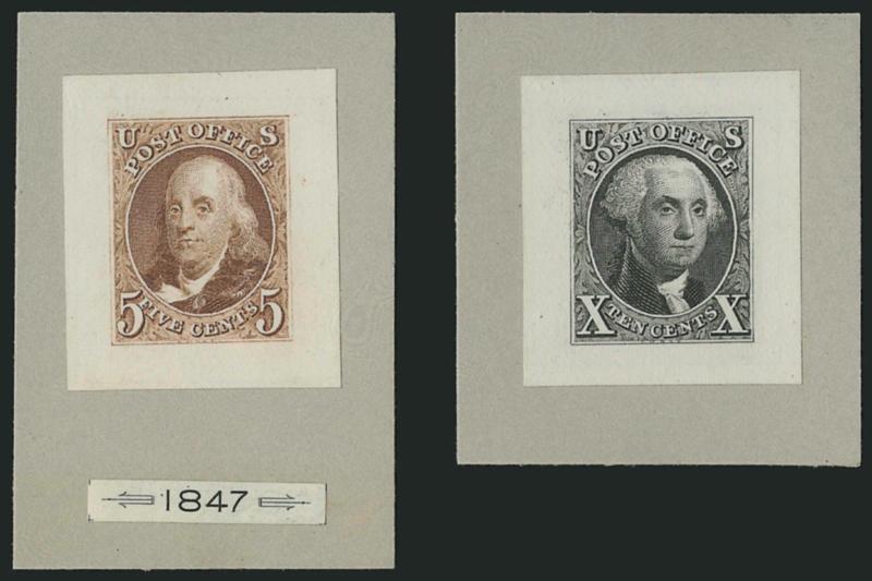 5c Orange Brown, 10c Black, Reproductions, Small Die Proofs (3P2-4P2).> With ample original gray card backing from the Roosevelt album, 5c with 1847 label at bottom, Very Fine and choice, only 85 Roosevelt albums
were produced